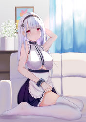 Rule 34 | 1girl, absurdres, apron, arm behind head, azur lane, black hairband, black skirt, breasts, center frills, choker, clothing cutout, couch, dido (azur lane), earrings, frilled apron, frilled choker, frills, full body, hairband, heart, heart earrings, highres, indoors, jewelry, lace-trimmed hairband, lace trim, large breasts, light purple hair, long hair, looking at viewer, on couch, red eyes, shirt, skindentation, skirt, sleeveless, sleeveless shirt, thighhighs, underboob, underboob cutout, vase, waist apron, white apron, white shirt, white thighhighs, ych (3025)