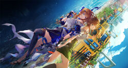 Rule 34 | 2girls, bare shoulders, belt, black gloves, blue bow, blue eyes, blue skirt, bow, bracelet, braid, brown hair, bus, character request, cityscape, detached sleeves, gloves, gran saga, green eyes, green skirt, hair bow, high heels, highres, holding hands, jewelry, kneehighs, looking at another, looking at viewer, lying, multiple girls, off-shoulder shirt, off shoulder, on back, partially fingerless gloves, pleated skirt, puhaaang, ribbon, ripples, school bus, shirt, single thighhigh, skirt, socks, thighhighs, twin braids, water, white shirt