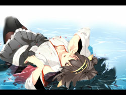 Rule 34 | 10s, 1girl, black thighhighs, boots, breasts, brown hair, cleavage, detached sleeves, hair ornament, headgear, hrk173, japanese clothes, kantai collection, kongou (kancolle), letterboxed, long hair, lying, on back, open mouth, partially submerged, personification, skirt, solo, thighhighs, upside-down, water, wide sleeves, wince