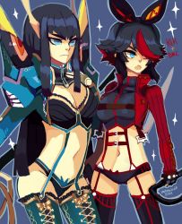 Rule 34 | 10s, 2girls, black hair, blue eyes, boots, breasts, cleavage, cleavage cutout, clothing cutout, cropped jacket, cross-laced footwear, crossover, devil may cry, devil may cry (series), devil may cry 3, eyebrows, fang, hair over one eye, hopebiscuit, jacket, junketsu, kill la kill, kiryuuin satsuki, lace-up boots, large breasts, matoi ryuuko, medium breasts, multiple girls, navel, panties, red hair, red jacket, reverse grip, scissor blade (kill la kill), senketsu, suspenders, thick eyebrows, thigh boots, thighhighs, underwear, weapon