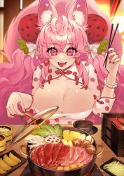 Rule 34 | 1girl, ahoge, animal ear fluff, animal ears, breasts, cleavage, drooling, food, food-themed hair ornament, fox ears, fox girl, hair ornament, indie virtual youtuber, kireina (osiimi), large breasts, nail polish, open mouth, pink eyes, pink hair, second-party source, solo, strawberry hair ornament, tongue, tongue out, ultracat, virtual youtuber