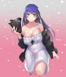 Rule 34 | 1girl, bare shoulders, black hair, blue eyes, blue hair, breasts, cleavage, clip studio paint (medium), collarbone, commentary, cropped legs, dress, gradient background, grin, holding, holding mask, jacket, large breasts, long hair, long sleeves, looking at viewer, mask, unworn mask, off shoulder, open clothes, open jacket, original, smile, solo, straight hair, white dress, wookyung