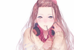 Rule 34 | 1girl, aihara miu, blush, brown hair, collared shirt, eating, ekao, food, food in mouth, forehead, hair ornament, half updo, headphones, headphones around neck, holding, holding food, long hair, long sleeves, looking at viewer, painting (medium), plaid, plaid shirt, pocky, shirt, simple background, smile, solo, staring, sweater, tokyo 7th sisters, traditional media, v-neck, watercolor (medium), white background, yellow eyes