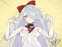 Rule 34 | 1girl, @ @, aqua hair, arena of valor, bare shoulders, bow, breasts, closed mouth, double v, dress, frown, hair bow, hair over one eye, hands up, highres, long hair, looking at viewer, medium breasts, one eye covered, red bow, red eyes, rnekon215, signature, simple background, sinestrea (arena of valor), sleeveless, sleeveless dress, solo, upper body, v, white dress, yellow background
