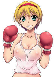 Rule 34 | 1girl, aqua eyes, blonde hair, boxing gloves, breasts, cleavage, collarbone, grin, hairband, inverted nipples, large breasts, navel, nipples, no bra, onizuka takuto, original, see-through, shirt, short hair, simple background, smile, solo, tank top, taut clothes, taut shirt