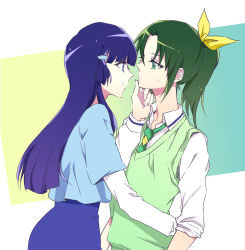 Rule 34 | 10s, 2girls, aoki reika, bad id, bad pixiv id, blue eyes, blue hair, eye contact, face-to-face, grabbing another&#039;s chin, green eyes, green hair, green necktie, hand on another&#039;s chin, highres, long hair, looking at another, midorikawa nao, multiple girls, necktie, negom, ponytail, precure, school uniform, sleeves rolled up, smile precure!, yuri