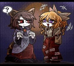 Rule 34 | +++, 2girls, ?, animal ears, baggy pants, blonde hair, bow, breasts, brooch, brown hair, brown shirt, closed mouth, collared shirt, colored skin, commentary, cosplay, dress, expressionless, fake animal ears, fake tail, fang, fang out, flat chest, fujiwara no mokou, fujiwara no mokou (cosplay), full body, grey dress, hair between eyes, hair bow, hands in pockets, hatching (texture), high ponytail, highres, imaizumi kagerou, imaizumi kagerou (cosplay), jewelry, letterboxed, long bangs, long hair, long skirt, long sleeves, looking at another, maribel hearn, medium bangs, medium hair, mismatched pupils, multiple girls, ofuda, ofuda on clothes, open mouth, orange outline, pants, pink pupils, purple background, purple eyes, red eyes, red footwear, red pants, red skirt, shirt, shoes, skin fang, skirt, sleeve garter, small breasts, smile, spoken question mark, standing, suenari (peace), suspenders, symbol-only commentary, tail, touhou, usami renko, white bow, white skin, wolf ears, wolf tail