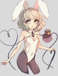 Rule 34 | 1girl, alternate costume, animal ears, bad id, bad pixiv id, black hat, black neckwear, black pantyhose, bow, breasts, cane, cropped legs, dise (psychoro), fake animal ears, grey background, hat, heart, heart of string, holding, holding cane, komeiji koishi, leotard, looking at viewer, open mouth, pantyhose, playboy bunny, rabbit ears, ribbon, silver hair, simple background, small breasts, solo, standing, string, third eye, top hat, touhou, white leotard, yellow ribbon