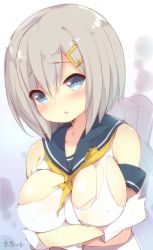 Rule 34 | 10s, 1girl, bad id, bad twitter id, blue eyes, blush, breast hold, breasts, female focus, gloves, hair ornament, hair over one eye, hairclip, hamakaze (kancolle), jpeg artifacts, kantai collection, large breasts, looking at viewer, school uniform, serafuku, shirt, short hair, silver hair, solo, torn clothes, torn shirt, upper body, watanon (gakushokutei), white gloves