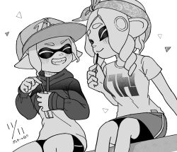 Rule 34 | 2girls, bandana, baseball cap, bike shorts, breasts, closed eyes, closed mouth, commentary request, dated, food, greyscale, grin, hat, highres, holding, holding food, holding pocky, inkling, inkling girl, inkling player character, medium breasts, medium hair, monochrome, multiple girls, nintendo, octoling, octoling girl, octoling player character, pocky, shirt, short hair, simple background, sitting, small breasts, smile, splatoon (series), sweater, teeth, tentacle hair, thick eyebrows, tkhrskrrmy, translation request, triangle, white background