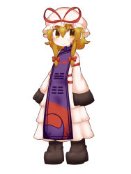 Rule 34 | 1girl, arms at sides, black footwear, blackbad, blonde hair, boots, bow, closed mouth, commentary, dress, frilled dress, frills, full body, hair between eyes, hair bow, hat, hat bow, highres, mob cap, purple tabard, red bow, sleeves past fingers, sleeves past wrists, smile, solo, tabard, touhou, white hat, yakumo yukari, yellow eyes