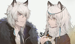 Rule 34 | 1boy, 1girl, animal ear fluff, animal ears, arknights, bell, black capelet, black coat, black necktie, blue eyes, braid, bright pupils, brother and sister, capelet, chinese commentary, closed mouth, coat, commentary request, fingernails, fur-trimmed coat, fur trim, hair between eyes, holding, holding bell, leopard boy, leopard ears, leopard girl, lino chang, long hair, looking at another, medium hair, necktie, pramanix (arknights), shirt, siblings, silverash (arknights), simple background, tiara, turtleneck, twin braids, upper body, white background, white hair, white pupils, white shirt, yellow eyes