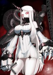 Rule 34 | 10s, 1girl, abyssal ship, bad id, bad pixiv id, breasts, claws, dress, highres, horns, izumo (ton 63), kantai collection, large breasts, red eyes, ribbed dress, seaport princess, short dress, single horn, white hair