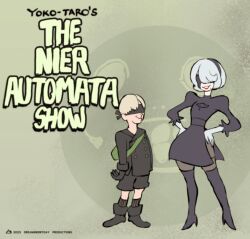 Rule 34 | 1boy, 1girl, black blindfold, black dress, black footwear, black gloves, black jacket, black shorts, black socks, blindfold, boots, commentary, copyright name, dreaminerryday, dress, english commentary, gloves, grey gloves, grey hair, grey pantyhose, hair over one eye, hanna-barbera, height difference, high heel boots, high heels, jacket, lipstick, makeup, mole, mole under mouth, nier (series), nier:automata, pantyhose, parody, red lips, retro artstyle, short hair, shorts, side slit, socks, style parody, thigh boots, 2b (nier:automata), 9s (nier:automata)