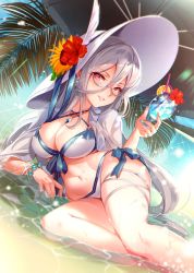 Rule 34 | 1girl, beach, beach umbrella, bead bracelet, beads, bespectacled, bikini, blue hawaii, blurry, bracelet, breasts, cleavage, day, depth of field, drinking straw, earrings, flower, food, fruit, fu-mi.a, glasses, hat, heterochromia, hibiscus, highres, jewelry, large breasts, long hair, looking at viewer, lying, midriff, navel, on side, orange (fruit), orange slice, ortlinde=nblg=valkyria, palm leaf, pendant, red eyes, smile, solo, sound voltex, sound voltex iii gravity wars, stomach, sun hat, sunflower, swimsuit, umbrella, white bikini, white hair, yellow eyes