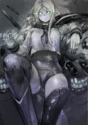 Rule 34 | 10s, 1girl, abyssal ship, glowing, glowing eyes, green eyes, grey hair, highres, kantai collection, koruse, long hair, monochrome, sitting, smile, swimsuit, swimsuit under clothes, ta-class battleship