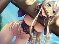 Rule 34 | 1girl, blonde hair, blue eyes, breasts, female focus, forest, gag, gagged, game cg, kantaka, liquid (company), long hair, mashou no nie, mashou no nie 3, midriff, mireille von austria, nature, navel, nipples, open mouth, outdoors, pillory, restrained, sky, solo, standing, stationary restraints