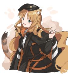 Rule 34 | 1girl, :d, animal ears, arknights, beret, black hat, black jacket, black shirt, cropped torso, drill hair, fang, green eyes, hat, highres, jacket, long hair, looking at viewer, mabing, open mouth, paw print, pinky ring, shirt, simple background, smile, solo, swire (arknights), tail, tiger ears, tiger girl, tiger tail, twin drills, undershirt, upper body, very long hair, white background, white shirt
