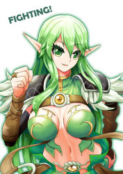 Rule 34 | 1girl, armor, belt, breasts, bridal gauntlets, buckle, clenched hand, colored eyelashes, curvy, elsword, green eyes, green hair, hand on own hip, highres, large breasts, long hair, matching hair/eyes, midriff, navel, night watcher (elsword), open mouth, pauldrons, pointy ears, rena erindel, rence (mjyoon1452), rens (pixiv), shoulder armor, smile, solo, standing, white background, wide hips