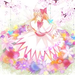 Rule 34 | 1girl, bad id, bad pixiv id, baniradayann, blonde hair, blue flower, blue rose, blush, bow, branch, capelet, cherry blossoms, dress, closed eyes, female focus, flower, hat, hat ribbon, highres, lily white, long hair, orange flower, orange rose, red flower, red rose, ribbon, rose, sash, sleeves past wrists, smile, solo, touhou, wings