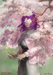 Rule 34 | 1girl, artist name, branch, cardigan, cherry blossoms, commentary request, covered eyes, cowboy shot, dated, dress, emuson, fate/stay night, fate (series), faux traditional media, flower, hair ribbon, highres, holding, lips, matou sakura, medium hair, name connection, object namesake, parted lips, purple hair, red ribbon, ribbon, signature, solo, tree