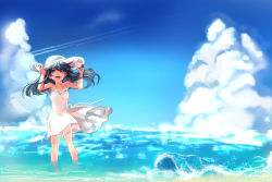 Rule 34 | 1girl, bad id, bad pixiv id, black hair, blue sky, breasts, brown eyes, cleavage, cloud, day, dress, hands on headwear, hat, long hair, marine day, miturousoku, ocean, open mouth, original, partially submerged, sky, smile, solo, standing, sun hat, wading, water, white dress, wind