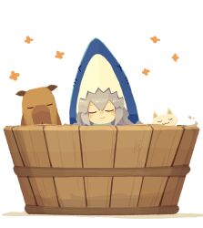Rule 34 | 1girl, animal, animal costume, bathing, blush stickers, braid, cat, closed eyes, commentary, dog, facing viewer, grey hair, highres, kizuna akari, konohoshi, long hair, relaxing, shark costume, simple background, smile, twin braids, vocaloid, voiceroid, white background, wooden bathtub