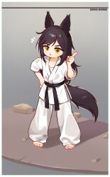 Rule 34 | 1girl, :o, animal ears, barefoot, belt, black belt, black hair, border, child, chinese commentary, commentary request, dougi, full body, grey background, hand on own hip, highres, index finger raised, kuma-bound, long hair, martial arts belt, notice lines, open mouth, original, pants, solo, standing, tail, toes, v-shaped eyebrows, white border, white pants, yellow eyes