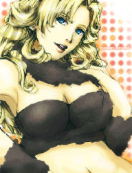 Rule 34 | 1990s (style), 1girl, ayla (chrono trigger), bad id, bad pixiv id, blonde hair, blue eyes, blue hair, breasts, chrono (series), chrono trigger, cleavage, curly hair, himasen, large breasts, long hair, matching hair/eyes, midriff, solo, square enix