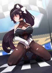 Rule 34 | 1girl, azur lane, bare shoulders, black hair, black leotard, black pantyhose, blush, bow, breasts, brown eyes, checkered flag, cleavage, cleavage cutout, closed mouth, clothing cutout, collarbone, covered erect nipples, elbow gloves, fingerless gloves, flag, gloves, hair bow, highres, large breasts, leotard, long hair, looking away, nanostar, pantyhose, ponytail, race queen, side slit, solo, takao (azur lane), takao (full throttle charmer) (azur lane), very long hair, white bow, white gloves