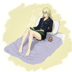 Rule 34 | 10s, 1girl, bare legs, barefoot, bed, blind, blonde hair, blue eyes, book, braille, drawfag, feet, hair down, highres, katawa shoujo, long hair, music box, on bed, open book, pajamas, pillow, reading, satou lilly, shorts, sitting, solo