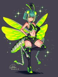 Rule 34 | 1girl, antennae, arthropod girl, arthropod limbs, black gloves, boots, commentary request, dated, extra legs, flat chest, full body, gloves, green eyes, green hair, green necktie, half gloves, hands on own hips, high heel boots, high heels, highres, insect wings, medium hair, midriff, multicolored hair, navel, necktie, original, shirt, short shorts, shorts, signature, sleeveless, sleeveless shirt, solo, standing, standing on one leg, suparu (detteiu), tall crown, thigh boots, wings