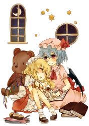 Rule 34 | 2girls, ascot, bat wings, blonde hair, bloomers, blouse, blue hair, book, hugging book, bow, cupcake, female focus, flandre scarlet, food, fork, fruit, hat, hat ribbon, highres, holding, holding book, hugging object, ishikawa yoshoku, leaning, looking at another, mary janes, mob cap, multiple girls, puffy short sleeves, puffy sleeves, remilia scarlet, ribbon, seiza, shirt, shoes, short hair, short sleeves, siblings, side ponytail, simple background, sisters, sitting, skirt, sleeping, smile, star (symbol), strawberry, stuffed animal, stuffed toy, teddy bear, touhou, tray, underwear, vest, white background, window, wings, wrist cuffs