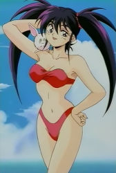Rule 34 | 1990s (style), 1girl, bare legs, bikini, black hair, blue eyes, blue sky, breasts, cleavage, enno chiaki, kishin douji zenki, long hair, long twintails, looking at viewer, medium breasts, red bikini, retro artstyle, ribbon, screencap, seductive smile, shiny skin, simple background, sky, smile, solo, standing, swimsuit, third-party edit, twintails, very long hair, wide hips
