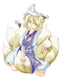 2girls animal_ears bacho blonde_hair blush blush_stickers breasts cat_tail chen earrings fangs female_focus fox_ears fox_tail hat jewelry kneeling medium_breasts messy_hair multiple_girls multiple_tails tail touhou yakumo_ran yellow_eyes