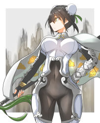 Rule 34 | 1girl, absurdres, arm guards, black gloves, black hair, bodysuit, breasts, bun cover, cape, chinese clothes, closed mouth, cloud print, commentary request, covered erect nipples, covered navel, crotch, double bun, expressionless, fate/grand order, fate (series), fingerless gloves, gin moku, gloves, green eyes, hair bun, hand on own hip, highres, holding, holding weapon, medium breasts, polearm, profile, qin liangyu (fate), sidelocks, simple background, skin tight, smile, solo, spear, standing, taut clothes, weapon, white bodysuit, white cape