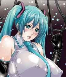 Rule 34 | 1girl, aqua eyes, aqua hair, blush, breasts, elbow gloves, covered erect nipples, gloves, hatsune miku, huge breasts, kuroishi ringo, lips, necktie, parted lips, solo, twintails, vocaloid