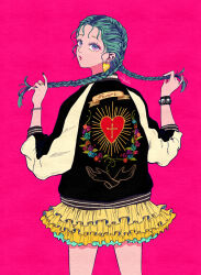 Rule 34 | 1girl, 4awaseyo, bracelet, cowboy shot, ear piercing, earrings, frilled skirt, frills, from behind, heart, heart earrings, jacket, jewelry, looking at viewer, looking back, original, piercing, pink background, print jacket, signature, simple background, skirt, solo, yellow skirt