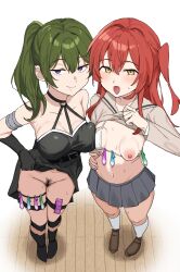 2girls :d absurdres black_choker blush bocchi_the_rock! bra bra_pull breasts choker clothes_lift clothes_pull commentary_request condom crossover dress dress_lift from_above full_body green_hair grey_skirt hasegawa_ikumi highres jitome kita_ikuyo large_breasts long_hair looking_at_viewer multiple_girls navel o-ring o-ring_choker one_side_up open_mouth pleated_skirt pubic_hair purple_eyes red_hair school_uniform shirt_lift shuka_high_school_uniform side_ponytail skirt small_breasts smile sousou_no_frieren standing ubel_(sousou_no_frieren) underwear ura-_(gift_bit) used_condom voice_actor_connection