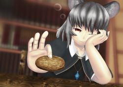 Rule 34 | 1girl, :3, animal ears, blurry, bookshelf, capelet, cookie, depth of field, dutch angle, elbow rest, food, foreshortening, giving, grey hair, head rest, highres, jewelry, looking at viewer, mouse ears, nazrin, one eye closed, pendant, pov across table, red eyes, short hair, smile, solo, table, touhou, yuuzaa-mei