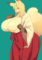 Rule 34 | 1girl, akitaka (mcdonnell-douglas), blonde hair, breasts, brown eyes, cleavage, fox, furry, huge breasts, japanese clothes, long hair