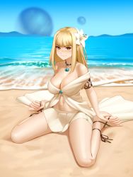 Rule 34 | 1girl, absurdres, ankle ribbon, barefoot, beach, blonde hair, blush, breasts, closed mouth, feet, flower, full body, hair flower, hair ornament, hands on feet, highres, jewelry, kairunoburogu, large breasts, leg ribbon, legs, lily (flower), long hair, looking at viewer, mole, mole on breast, mole on stomach, navel, necklace, ocean, off-shoulder shirt, off shoulder, original, outdoors, pleated skirt, ribbon, shiny skin, shirt, sidelocks, sitting, skirt, solo, swept bangs, thighs, toes, wariza, white skirt, yellow eyes