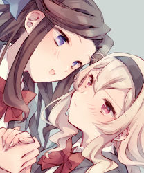 Rule 34 | 2girls, :d, black hairband, blonde hair, blue bow, blush, bow, bowtie, brown hair, closed mouth, collared shirt, dutch angle, eye contact, face-to-face, fingernails, from side, frown, grey background, grey jacket, hair between eyes, hair bow, hair ornament, hairband, hand up, holding hands, interlocked fingers, jacket, long hair, looking at another, multiple girls, open clothes, open jacket, open mouth, parted bangs, parted lips, pink eyes, portrait, purple eyes, red bow, red bowtie, saijou claudine, school uniform, seishou music academy uniform, shirt, shoujo kageki revue starlight, sidelocks, simple background, smile, tendou maya, v-shaped eyebrows, wato (ko), wavy hair, white shirt, x hair ornament, yuri