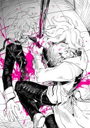 Rule 34 | 2boys, absurdres, blood, blood on clothes, blood on face, blood on hands, boy on top, chain, coat, collar, collarbone, commentary request, danganronpa (series), danganronpa 2: goodbye despair, danganronpa another episode: ultra despair girls, death, dual persona, hair over one eye, highres, holding, hood, hood down, hooded coat, impaled, kneeling, komaeda nagito, looking at viewer, lying, male focus, metal collar, multiple boys, on back, pants, pink blood, polearm, servant (danganronpa), shirt, shoes, sin11111, spear, spot color, straddling, striped clothes, striped shirt, tile floor, tiles, weapon