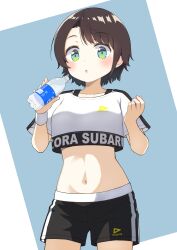 Rule 34 | 1girl, absurdres, black shorts, blue eyes, blush, bottle, breasts, brown hair, character name, crop top, furuneo10, highres, holding, holding bottle, hololive, hololive dance practice uniform, looking at viewer, medium breasts, navel, official alternate costume, oozora subaru, shirt, short hair, short shorts, shorts, simple background, solo, stomach, virtual youtuber, water bottle, white shirt