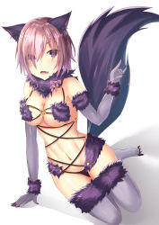 Rule 34 | 1girl, animal ears, black panties, blush, breasts, cleavage, commentary, elbow gloves, eyebrows, fang, fate/grand order, fate (series), fur-trimmed gloves, fur-trimmed legwear, fur collar, fur trim, gloves, hair over one eye, halloween, halloween costume, highres, kazuha (saku kn), large breasts, mash kyrielight, mash kyrielight (dangerous beast), navel, o-ring, o-ring top, official alternate costume, open mouth, panties, pink ribbon, purple eyes, purple gloves, purple hair, purple thighhighs, ribbon, saku kn, shadow, short hair, simple background, sitting, solo, stomach, tail, thighhighs, underwear, white background, wolf ears, wolf tail, yokozuwari
