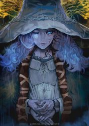 Rule 34 | 1girl, blue eyes, blue hair, blue skin, branch, cape, cloak, colored skin, dress, elden ring, extra arms, extra faces, fur cape, fur cloak, hat, highres, large hat, magion02, one eye closed, own hands together, rain, ranni the witch, standing, water drop, witch, witch hat