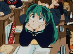 Rule 34 | alien, animated, animated gif, anime screenshot, blinking, classroom, daydreaming, desk, dreaming, green hair, hands on own face, horns, looking up, lowres, lum, multiple boys, multiple girls, oni, personification, school, school uniform, screencap, smile, urusei yatsura
