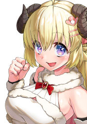 1girl :d ahoge ajula_wachula animal_ears arm_up bare_shoulders blonde_hair blue_eyes braid breasts brooch cape clenched_hand commentary_request detached_sleeves dress fur-trimmed_cape fur-trimmed_dress fur-trimmed_sleeves fur_trim hair_ornament hairclip half_updo highres hololive horns jewelry large_breasts long_hair looking_at_viewer open_mouth pink_cape purple_eyes sheep_ears sheep_girl sheep_horns simple_background sleeveless sleeveless_dress smile solo tsunomaki_watame tsunomaki_watame_(1st_costume) two-sided_cape two-sided_fabric upper_body virtual_youtuber white_background white_dress white_sleeves