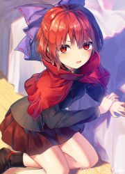 Rule 34 | 1girl, black shirt, blue bow, blush, boots, bow, brown footwear, brown skirt, cloak, dated, hair bow, highres, kisamu (ksmz), long sleeves, looking at viewer, miniskirt, open mouth, pleated skirt, red cloak, red eyes, red hair, sekibanki, shirt, short hair, signature, skirt, solo, touhou